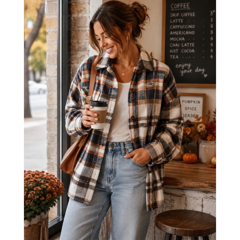 Women's Large Plaid Shacket Oversized Button Front Flannel Jacket Fall Neutral